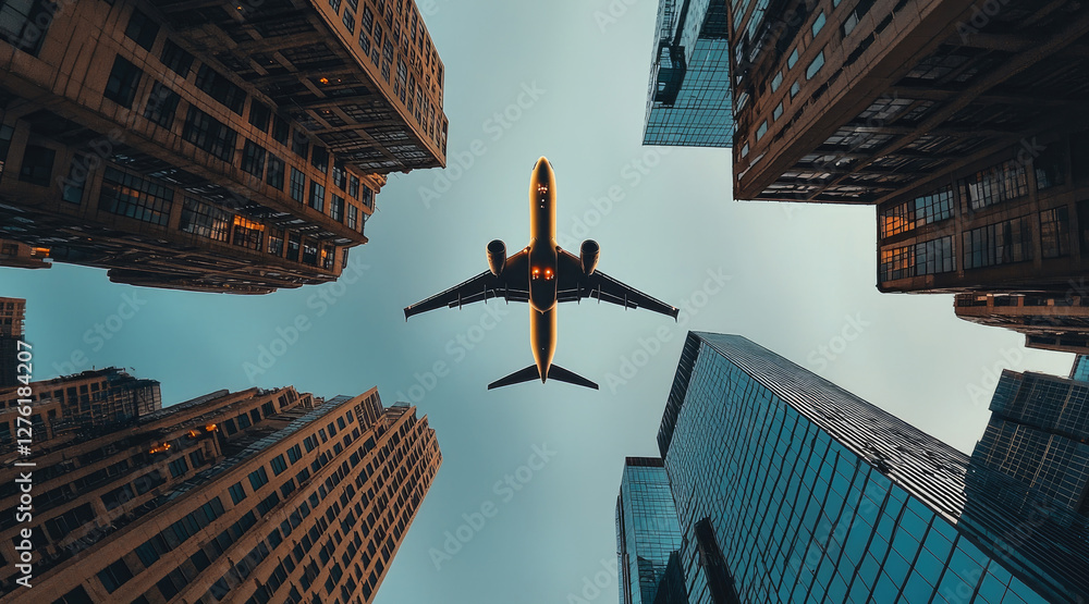 Poster An airplane flying between skyscrapers in a modern metropolis. View from below of an airplane in a blue cloudless sky.