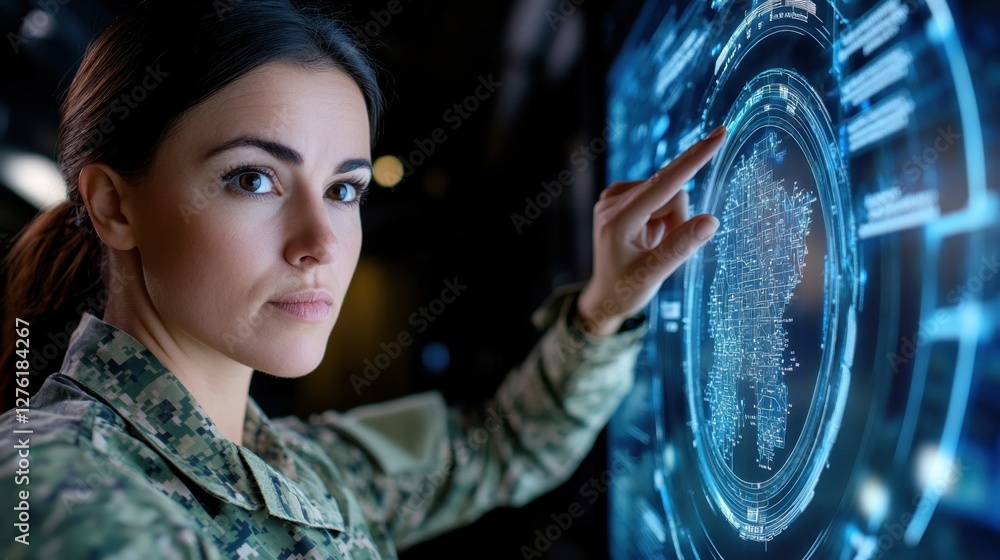 Aufkleber a woman in military uniform interacts with a futuristic holographic interface, displaying a complex 