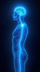 An MRI illustration showing the neural pathways of a person's brain and spinal cord with highlighted VNS (Vagus Nerve Stimulation).