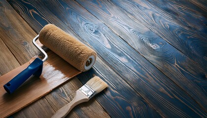 paint roller and varnish renovation of old wooden parquet