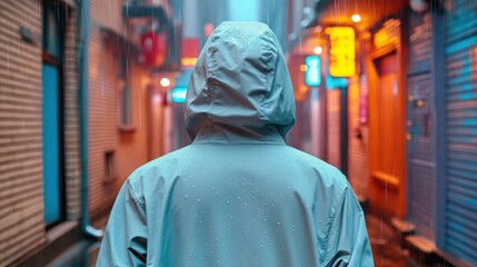 Naklejka premium figure wearing a hooded jacket, standing alone in a dimly lit alley as raindrops glisten under the neon lights.