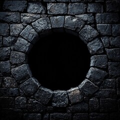 White background with a circular hole in a black brick wall, showcasing texture and depth.
