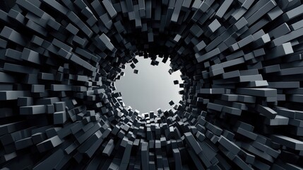 Black brick wall hole surrounded by geometric shapes creates depth and intrigue.