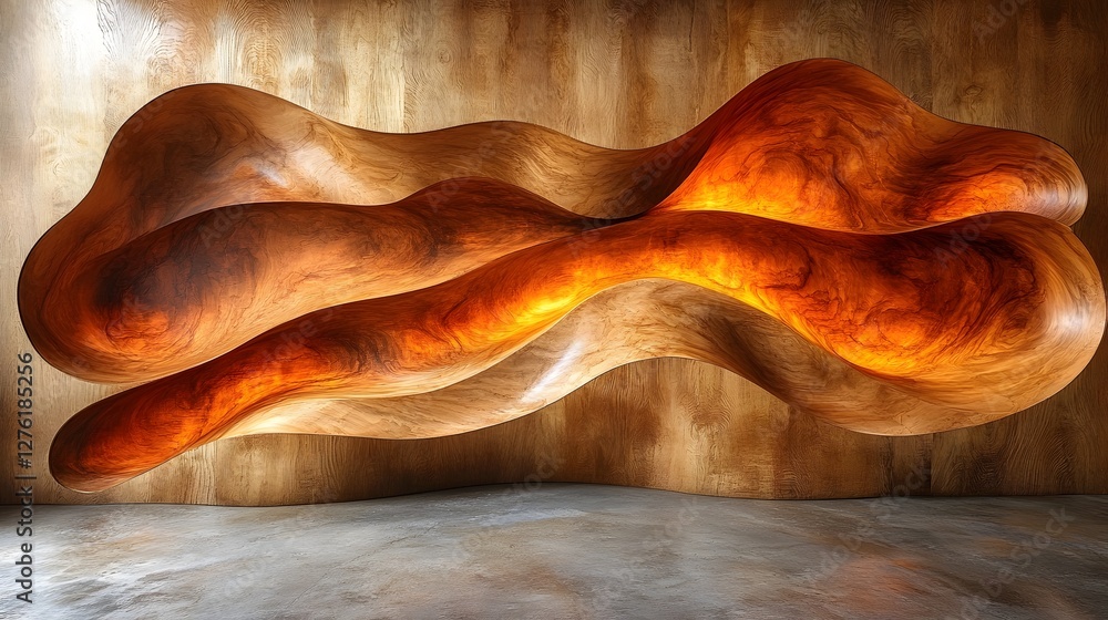 Poster undulating wave like wooden sculpture with a fluid dynamic design showcased in a modern contemporary