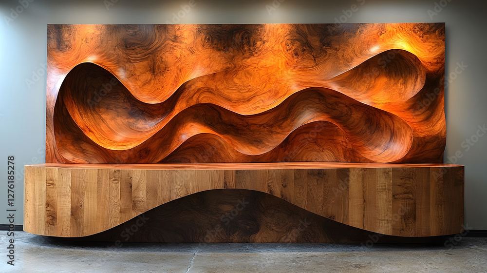 Poster Unique handcrafted wooden relief sculpture with an abstract wavy pattern creating a captivating textured surface for modern nature inspired interior design and wall decor