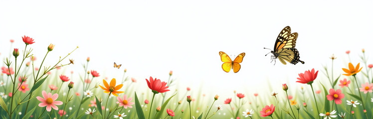 Fototapeta premium A Tranquil Spring Meadow With Butterflies Gently Fluttering, White Background Highly Detailed Textures, Realism 00002