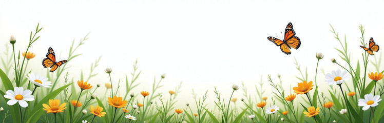 Obraz premium A Tranquil Spring Meadow With Butterflies Gently Fluttering, White Background Highly Detailed Textures, Realism 00001