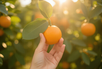 hand gently holds ripe orange on tree branch, with sunlight filtering through leaves, creating warm and inviting atmosphere in orchard