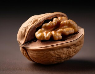 Discovering the intricate details of a walnut half in natural light against a dark background