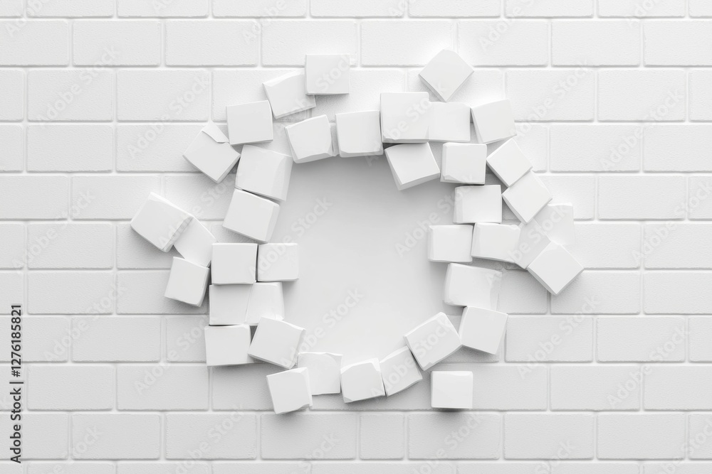 Aufkleber white background with a large hole, revealing a white brick effect. the scattered pieces add dynamic