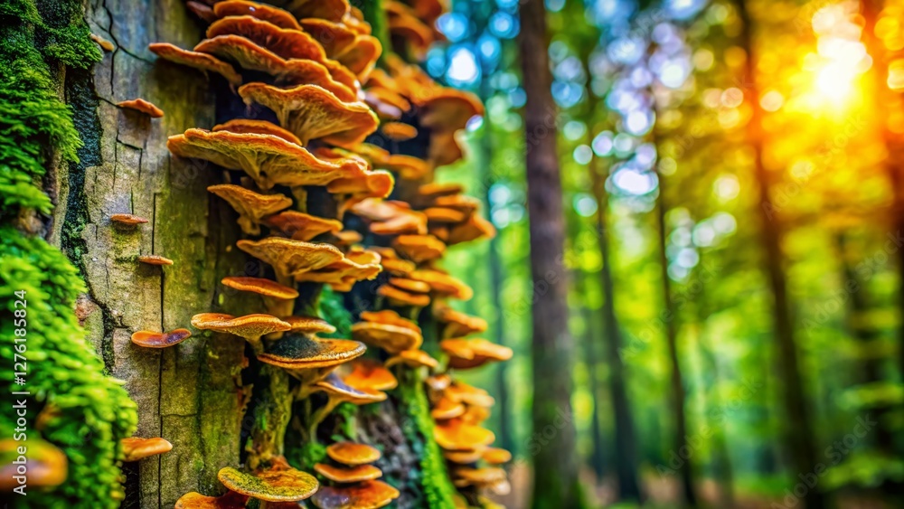Poster forest fungi on tree bark: detailed macro shot with bokeh effect