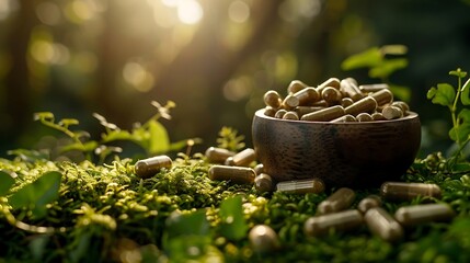 Fototapeta premium Herbal medicine capsule in wooden bowl on green grass background.