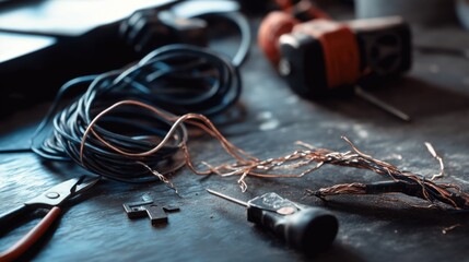 Damaged cables on a desk with a soldering iron and pliers nearby. Featuring broken insulation and exposed copper wiring