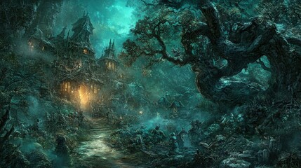 Obraz premium Enchanted Forest Landscape with Lush Green Foliage and Dreamlike Magical Atmosphere