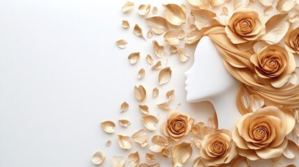 A stunning digital artwork of a woman's silhouette seamlessly blending into a cascade of golden roses and delicate metallic petals