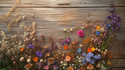 rustic wooden background with colorful dried flowers