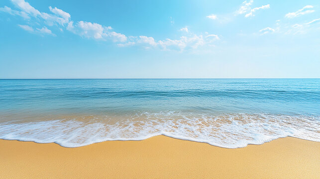 A serene beach with soft golden sand and calm blue ocean