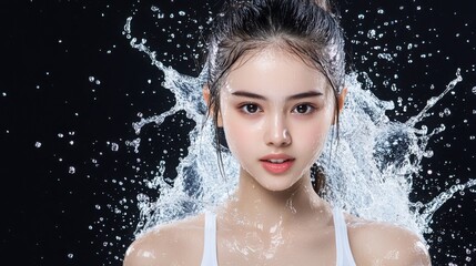 A stunning hyper-realistic portrait of a young woman with water splashing around her face