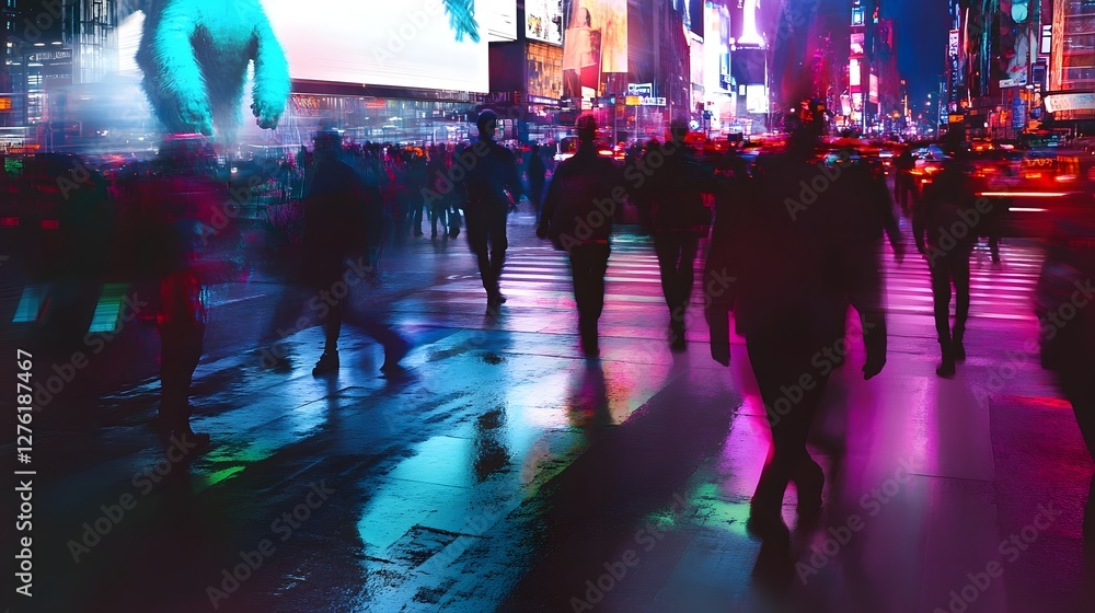 Poster vibrant and electrifying nighttime cityscape with blurred crowds and illuminated skyscrapers in a bu