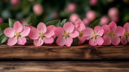 A pink apple blossoms on a wooden table with a blurred garden background.