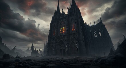 Ominous Gothic Cathedral Landscape with Dark Clouds and Stained Glass