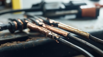 Naklejka premium Damaged cables on a mechanic’s bench. Featuring cracked insulation and exposed copper wires