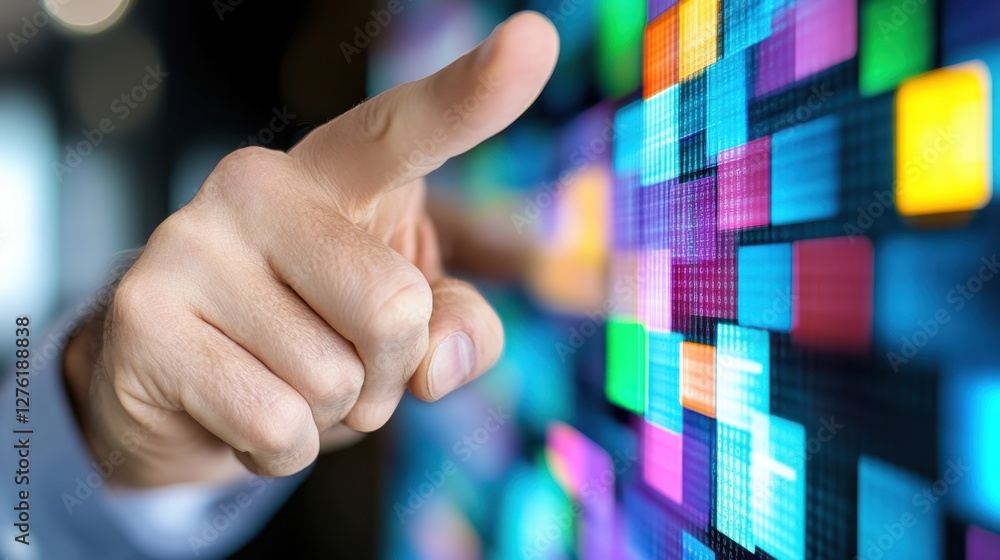 Poster close up of a hand pointing at a vibrant digital display showing colorful blocks of data. the backgr