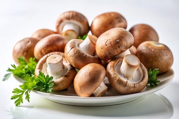 Fresh Raw Champignon Mushrooms on White Plate - High-Resolution Stock Photo