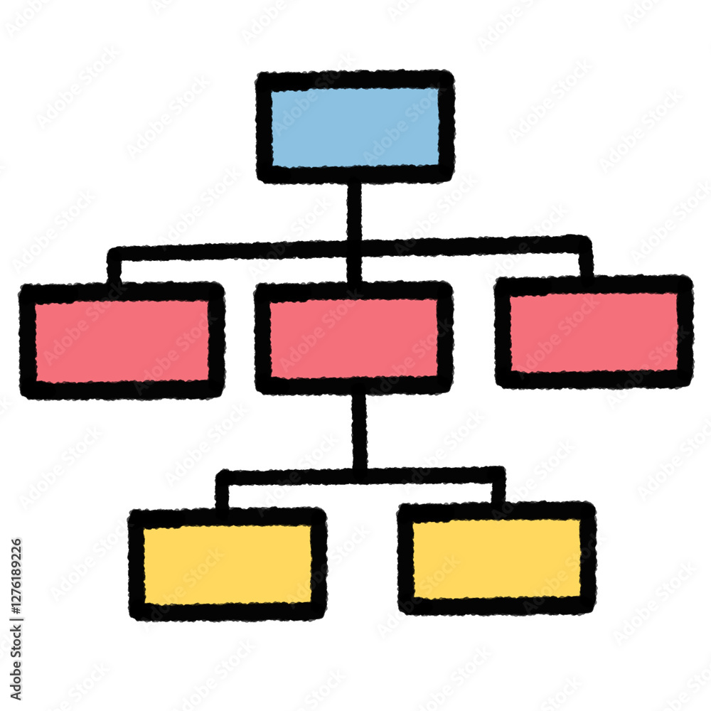 Poster colorful organizational chart with hierarchical structure, featuring blue, red, and yellow boxes con
