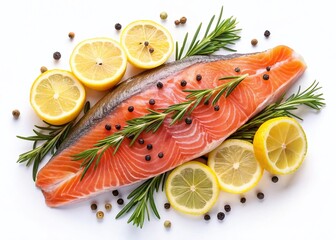 Fresh Raw Trout Steak with Lemon, Rosemary & Peppercorns - Top View