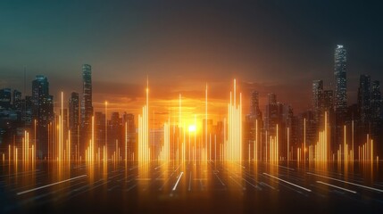 Fototapeta premium Futuristic city skyline with glowing data visualization elements.