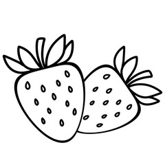 Two outlined strawberries with leaves, depicted in simple black and white style, convey playful and minimalistic design