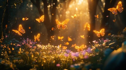 Naklejka premium magical golden butterflies in a sunlit forest