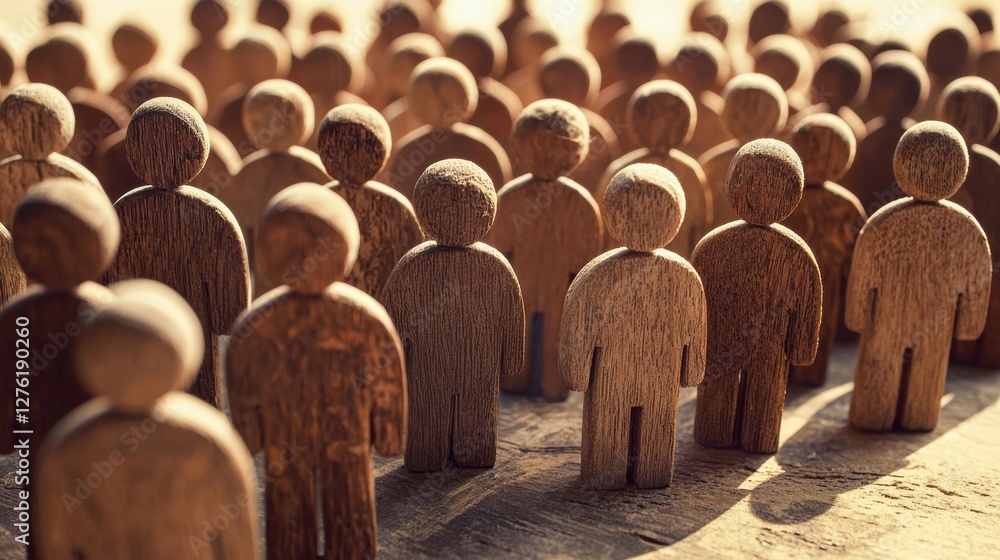 Poster wooden block figures representing human resource and networking. teamwork and collaboration symboliz