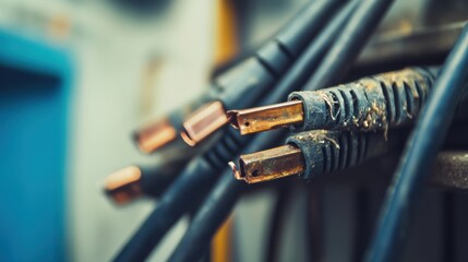 Damaged cables on a mechanic&rsquo;s bench. Featuring exposed copper and frayed insulation