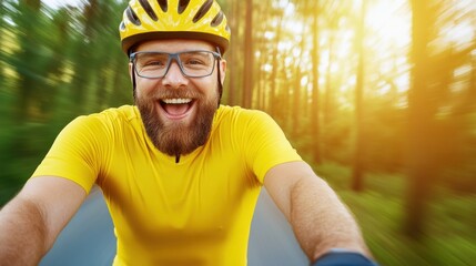 A joyful person with a beard, wearing a yellow shirt and a helmet, is taking a selfie outdoors in a lush green forest with bright sunlight