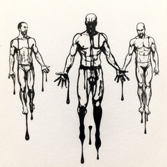 Three figures in a striking black ink art composition