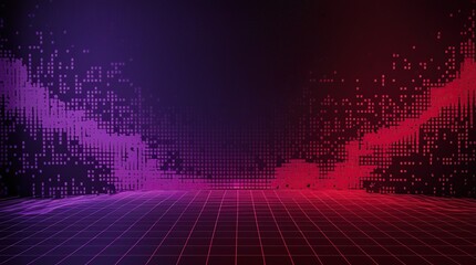 A dark red and purple noise effect background with light shadows blends into the base background featuring a pixelated backdrop