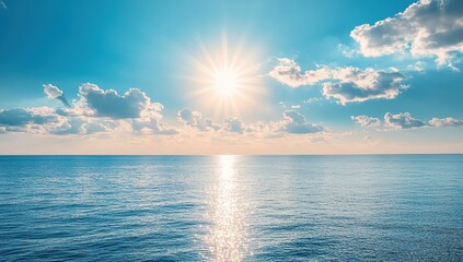 Obraz premium Ocean Meets Sky: Sun's Rays Dance on Calm Waters, Serene Summer Day at Sea, Inspiring Coastal View