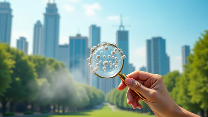 hand holding a magnifying glass to check the good air quality and clean outdoor air quality safe from pollution dust PM 2.5	
