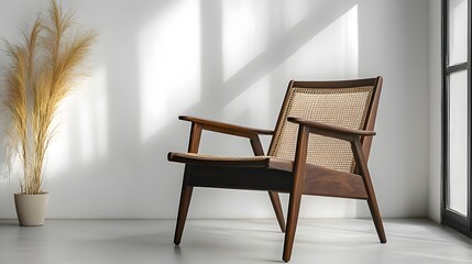 Fototapeta premium Mid-century modern armchair showcases dark walnut finish and rattan cane webbing, positioned against pure white wall in clean architectural composition.