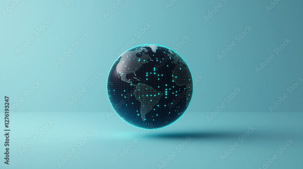 Poster floating holographic model of earth with glowing dots representing data points, showcasing futuristi