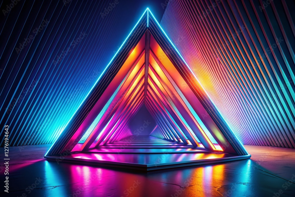Poster futuristic hollow triangular pyramid: abstract 3d sci-fi structure, empty space for text