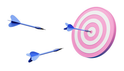 3D illustration of blue darts flying toward a pink target, symbolizing precision, success, and goal achievement in business and personal growth.