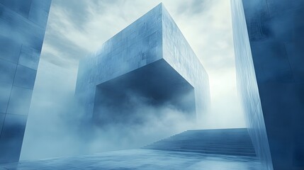 Modern skyscraper pierces through heavy fog in minimalist composition, creating ethereal atmosphere with soft white and pale blue tones in urban landscape.