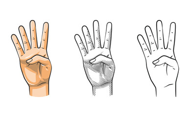 Hand Gesture Number Four Line Art Shaded Colored