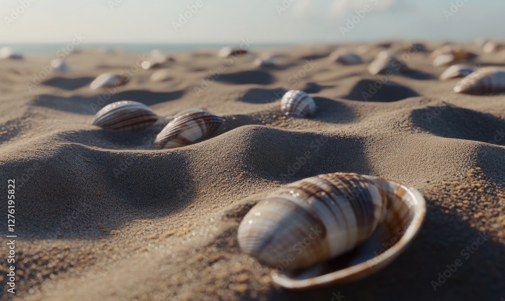 Poster close-up view of seashells scattered on a sandy beach with gentle waves in the background