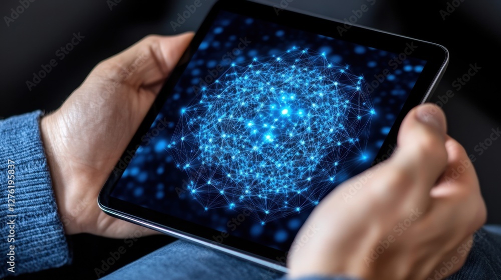 Poster close up view of hands holding a device displaying a glowing blue sphere of data points. dark backgr