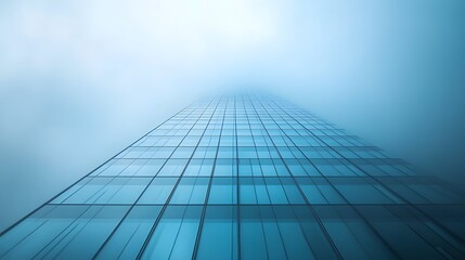 Fototapeta premium Modern skyscraper pierces through heavy fog in minimalist composition, creating ethereal atmosphere with soft white and pale blue tones in urban landscape.
