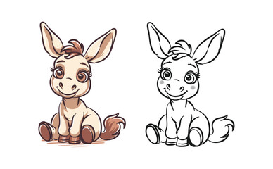 Cute Donkey Illustration Set Line Art and Colored